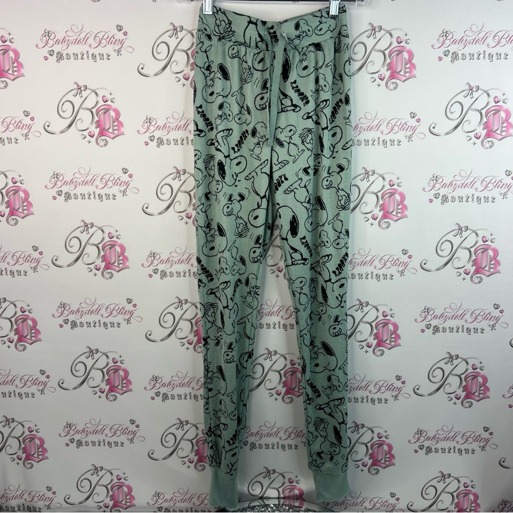 Peanuts snoopy waffle knot pants bottoms Green Patterned Women's Pants